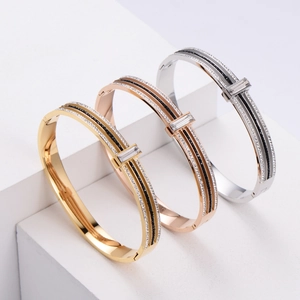 Fashion Bangle Bracelet Titanium Stainless Steel Buckle Double Row Black White Cubic Zirconia Baguette Crystal For Women
