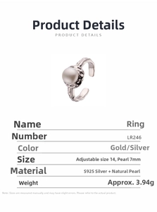 Detailed view of S925 sterling silver ring with 7mm natural pearl and adjustable band