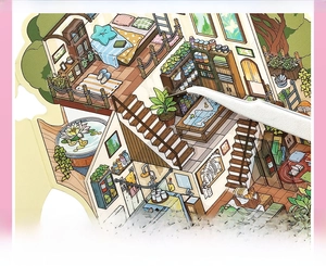 Detail of 2.5D DIY stickers showing tweezers placing a green plant in a miniature cozy cottage