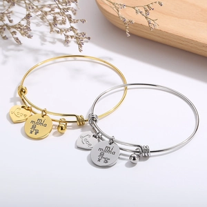 Adjustable gold and silver stainless steel heart bangles with Love mi mama charms