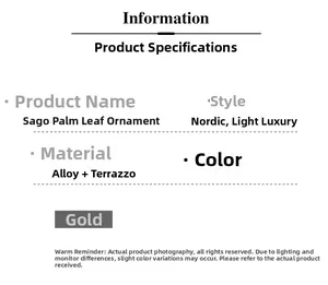 Detailed specifications for gold monstera leaf ornament with terrazzo base and alloy