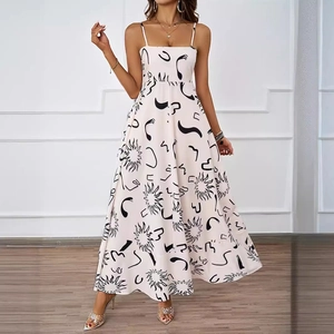 Robe longue trapèze blanche dos nu avec imprimé soleil et fines bretelles élégantes