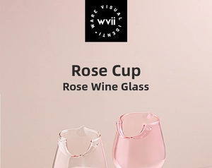 Close-up of pink rose petal-shaped rim on luxury high borosilicate glass wine cup