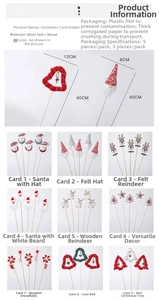 Detail of felt Christmas bouquet toppers showing Santa, reindeer and tree styles