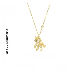 Macro detail of gold unicorn pendant necklace with sparkling rhinestones, 47.8cm length