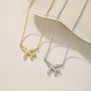Minimalist S925 sterling silver necklace with airplane and globe pendant in gold and silver