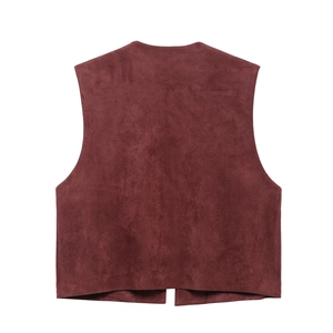 Flat lay back view of a dark red faux suede vest with a central hem slit detail