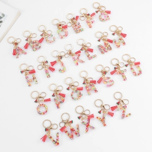Set of 26 alphabet fruit resin keychains with colorful slices and red tassels on white background