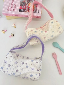 Cute cartoon embossed lace canvas tote bags with bear and rabbit patterns in purple and pink