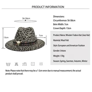 Chapeau Fedora en feutre avec motif léopard et tête de taureau, guide des tailles unisexe