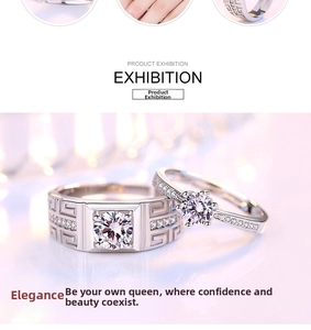 Exhibition of silver couple rings set with Greek key patterns and six-claw diamond settings