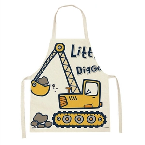 Beige linen kid's apron with colorful cartoon excavator print and Little Digger text