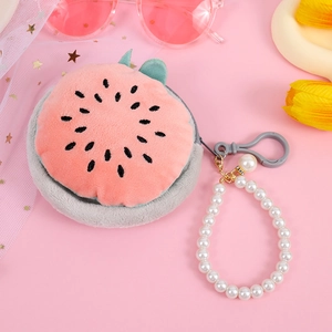 Plush watermelon coin purse with white pearl bead chain strap and a gold hook