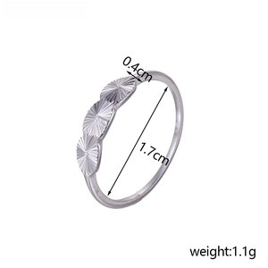Detailed specs of silver band ring with triple scallop texture and 1.7cm inner diameter