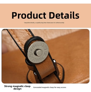 Detailed macro view of the premium brown leather flap with its strong magnetic metal closure