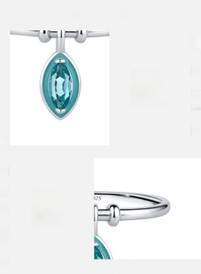 Close-up of S925 sterling silver stamp and 5A grade marquise-cut mint green zircon detail