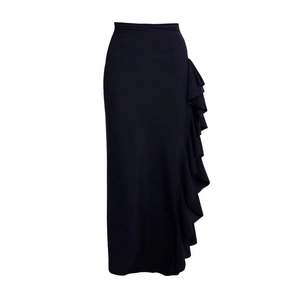 Elegant black high-waist maxi dress featuring layered ruffles on the side for dynamic movement