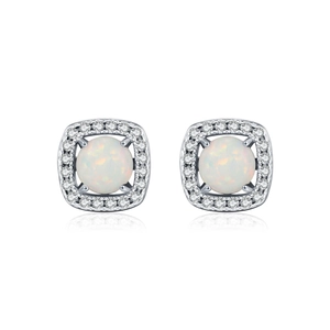 S925 Sterling Silver square stud earrings with opal stone and cubic zirconia halo