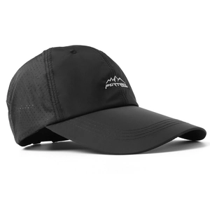 Breathable black quick-dry baseball cap with extended brim and mountain embroidery