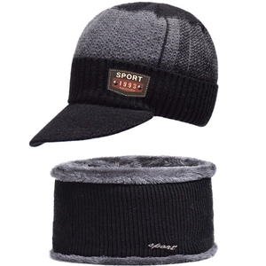Winter Knitted Peaked Beanie Hat And Neck Warmer Fleece Lined Warm Thickened Windproof Outdoor Patchwork Sporty For Men Women