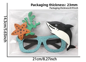 Detailed size measurement of ocean theme party glasses with shark and coral motifs