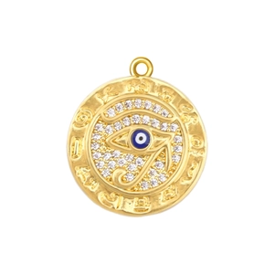 Macro shot of gold-plated Evil Eye pendant with blue zircon and sparkling white stones