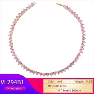 Golden necklace with pink heart-shaped crystal pendant and pavé stones for women