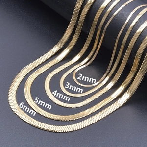 Golden 18k snake chains in 2mm to 6mm widths displayed on a textured dark background