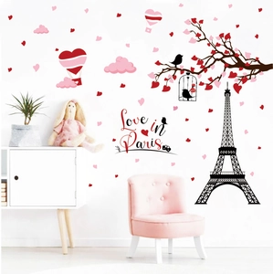 Romantic Paris Eiffel Tower wall stickers with red hearts and bird cage for home decor