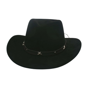 Black faux suede western cowboy hat with wide brim and silver star metal rivets