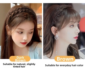 Detail showing hand-braided texture of synthetic hair headbands in black and brown