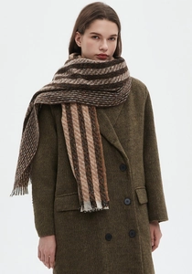 Close-up of knit fabric texture on dark striped autumn winter scarf wrap