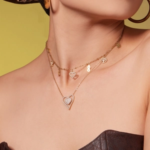 Double-layered 18k gold plated stainless steel heart necklace with cubic zirconia