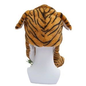 Rear view of a yellow tiger-stripe plush hat with soft faux fur texture for children