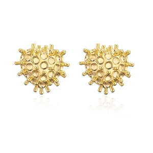 Polished 18K gold plated heart stud earrings with textured beaded surface on white background