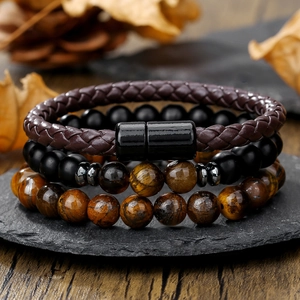 Bracelet homme punk perles avec œil de tigre, agate noire et cuir fermoir magnétique