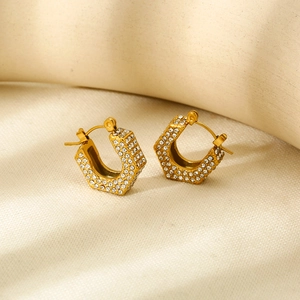 Luxurious geometric 18k gold plated stainless steel hoop earrings with white zircons
