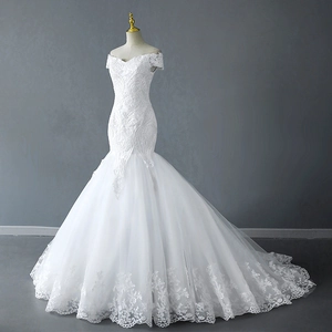 Elegant white lace mermaid wedding dress with off-shoulder neckline and long train