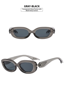 Detail view of oval transparent gray sunglasses with dark gray lenses and geometric temples