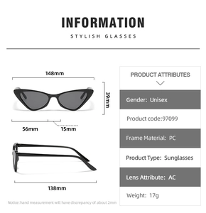 Detailed size chart of cat eye sunglasses showing dimensions for PC and AC frames