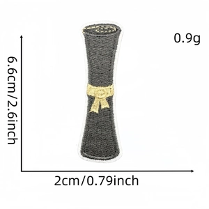 Macro view of graduation scroll embroidery patch showing 6.6cm height and fine texture