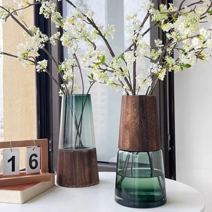Glass Flower Vase With Wooden Base Modern Transparent Decorative Floral Container For Long Branches Nordic Minimalist Home Decor