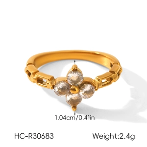Détail d'une bague chaîne plaquée or ornée de quatre pierres de zircon brillants