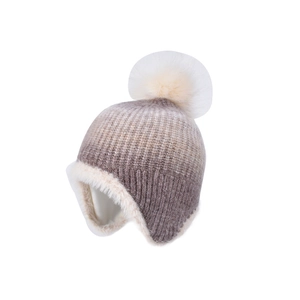 Kids winter knit pom-pom hat with ombre brown yarn and warm fleece earflaps lining