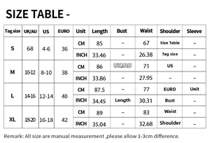 Tableau des tailles détaillé pour la jupe d'été avec mesures US, UK et EU en CM