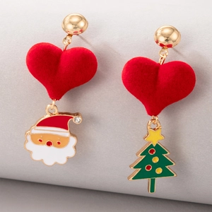 Detail of festive Christmas earrings featuring red flocked hearts and Santa Claus charm