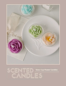 Top view of four succulent and flower scented candles in clear glass cups