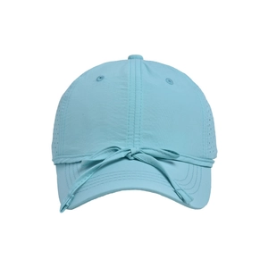 Detail view of quick-dry baseball cap featuring a decorative bow and breathable side vents