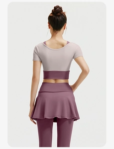 Back view of professional two-piece yoga set with crop top and layered leggings