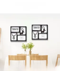 Modern black wall-mounted collage picture frame with four cells and Nordic elk artwork